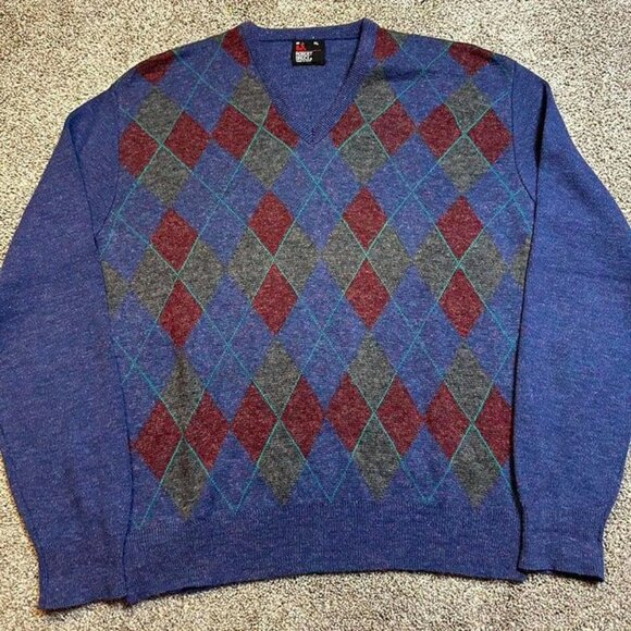 Vintage Robert Bruce blue and red argyle preppy grandpa grunge v-neck sweater XL - Picture 1 of 4